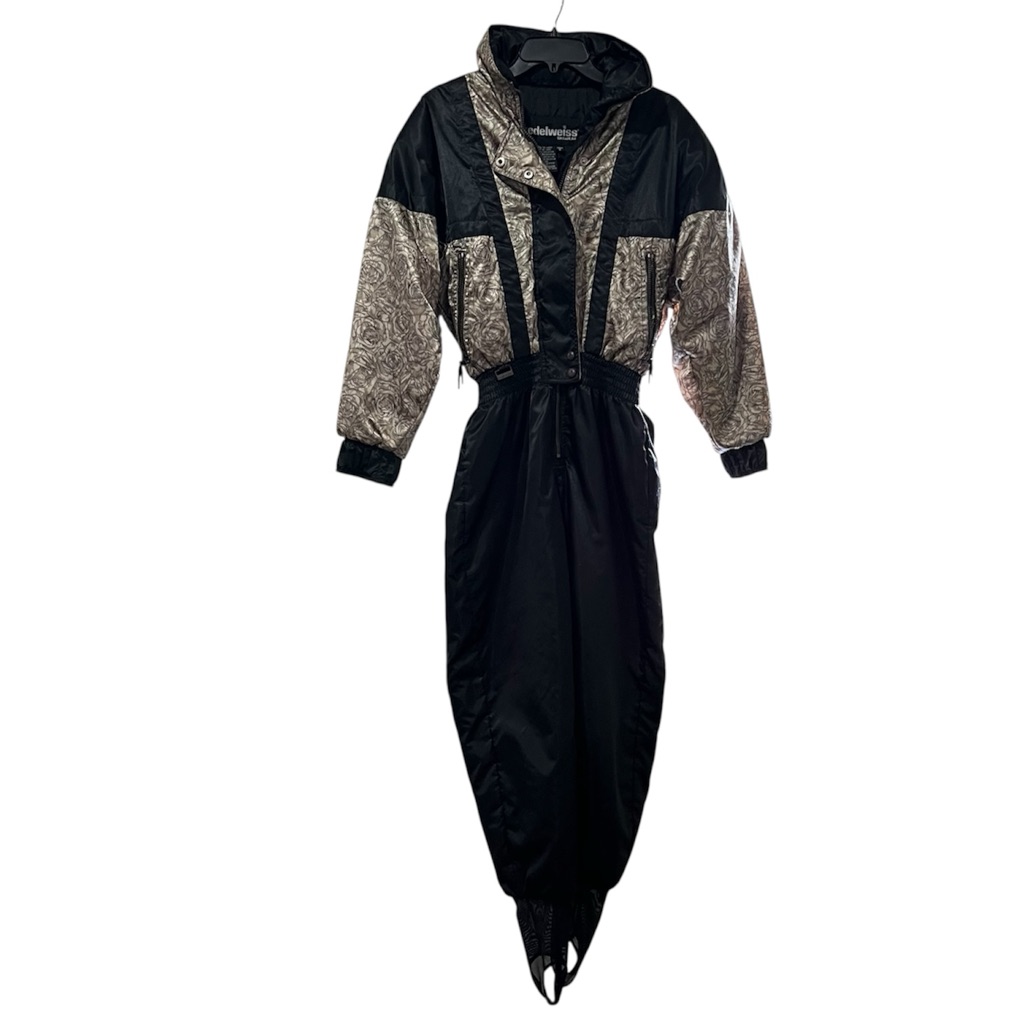 Vintage 90s Edelweiss One Piece Ski Suit Jumpsuit Black Gold Size 6
